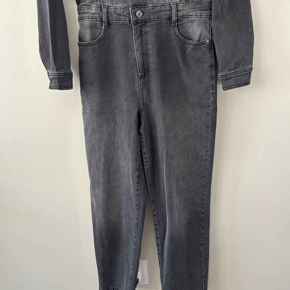 DYNAMITE Distressed Black Denim Long Sleeve Western Chic Straight Leg Jumpsuit - Picture 7 of 8